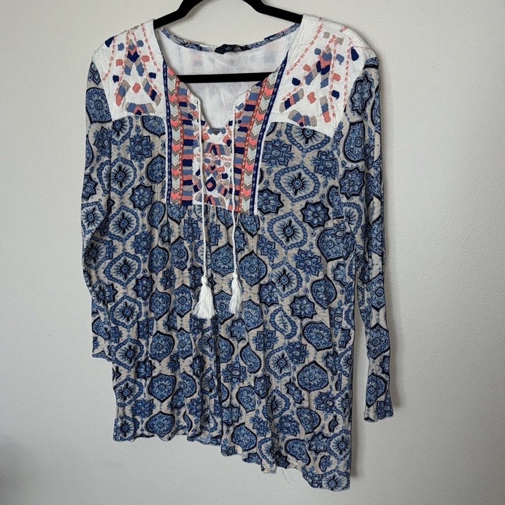 Lucky Brand 3/4 Sleeve Blouse Embroidered Boho Blue Tassle Tunic Women Large EUC - Picture 2 of 11